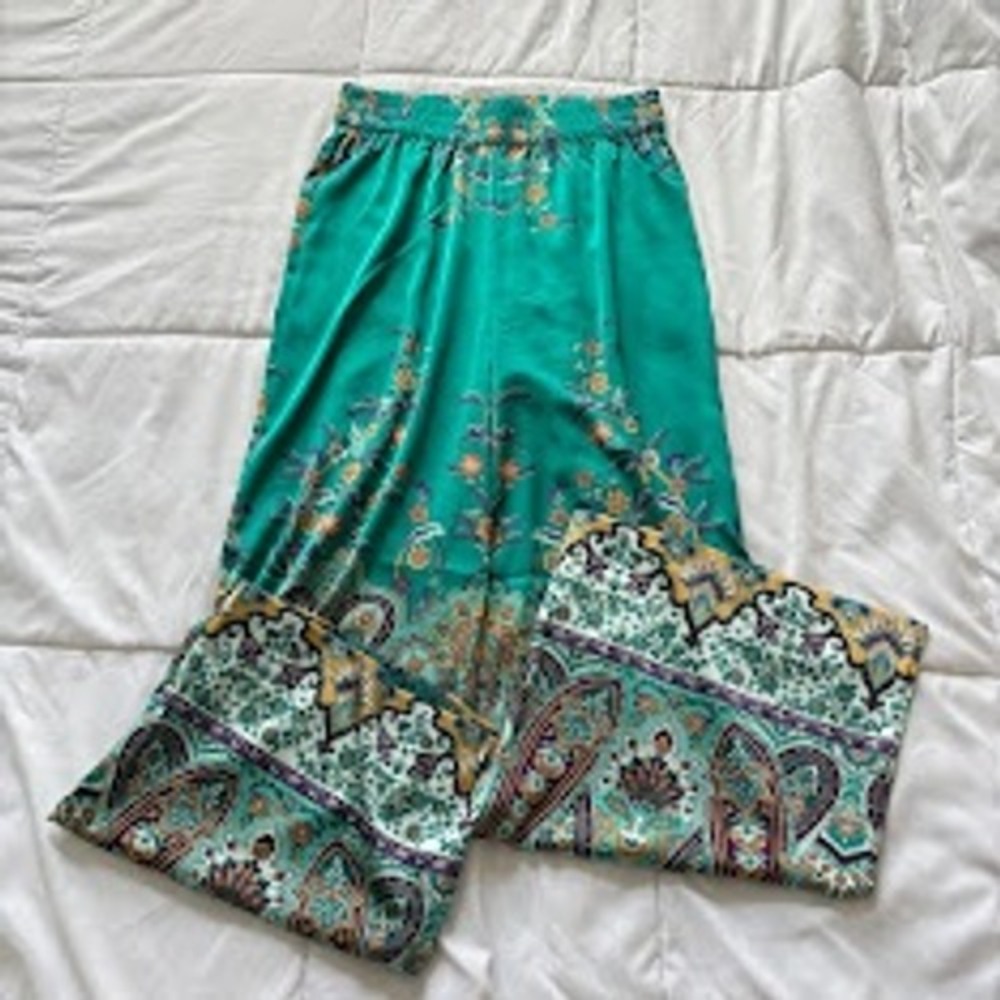 Rachel Zoe Womens XS Green Paisley Floral Satin Wide Leg Boho Relaxed Pants